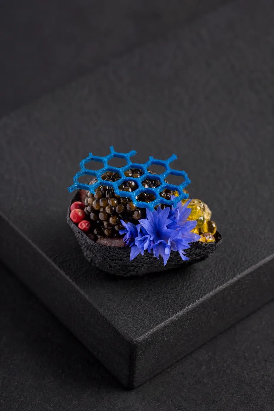 Caviar, cornflower and a blue honey lattice on a black shell